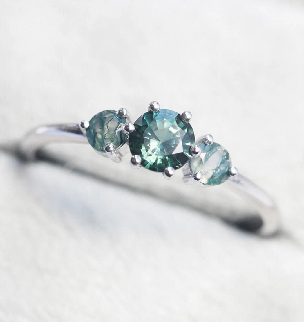 Image of Teal Sapphire & Moss Agate Ring