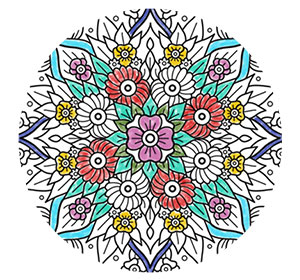 Partially colored-in mandala flower with intricate floral designs