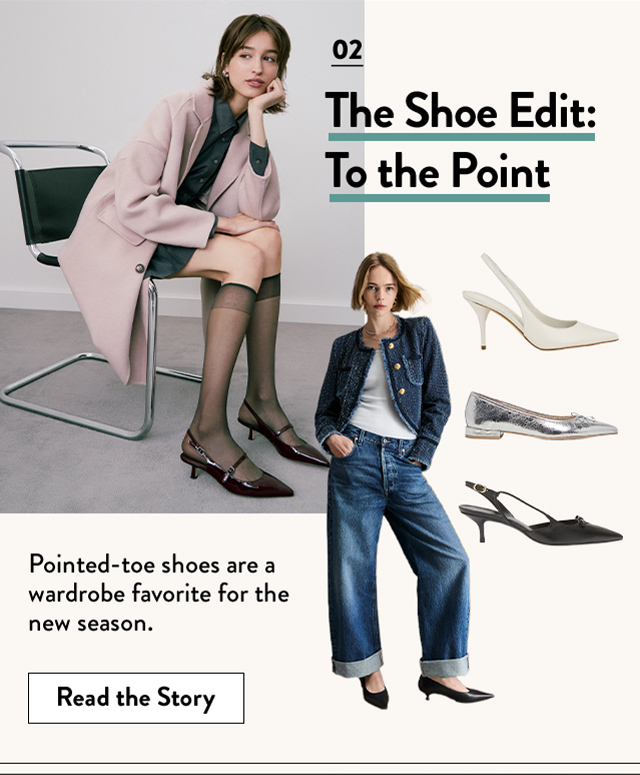 Models wearing pointed-toe shoes; product shots of pointed-toe shoes.