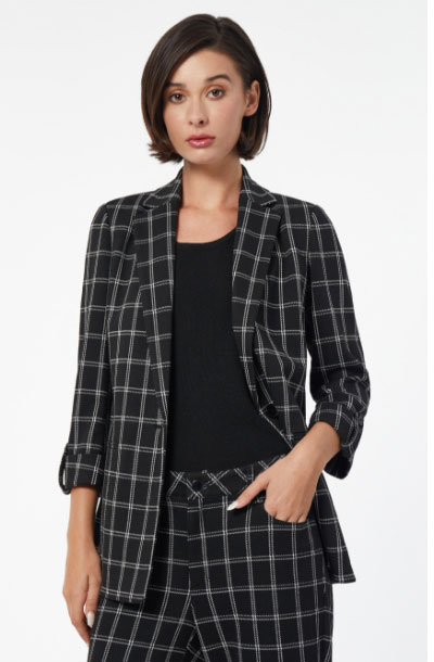 Ponte Plaid Wing Collar Rolled Tab Blazer