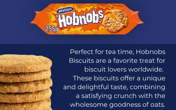 Perfect for tea time, Hobnobs Biscuits are a favorite treat for biscuit lovers worldwide.  These biscuits offer a unique and delightful taste, combining a satisfying crunch with the wholesome goodness of oats.