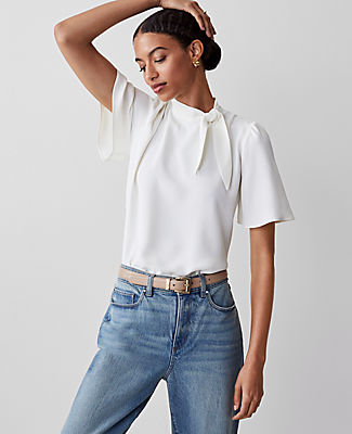 Mock Tie Neck Puff Sleeve Top