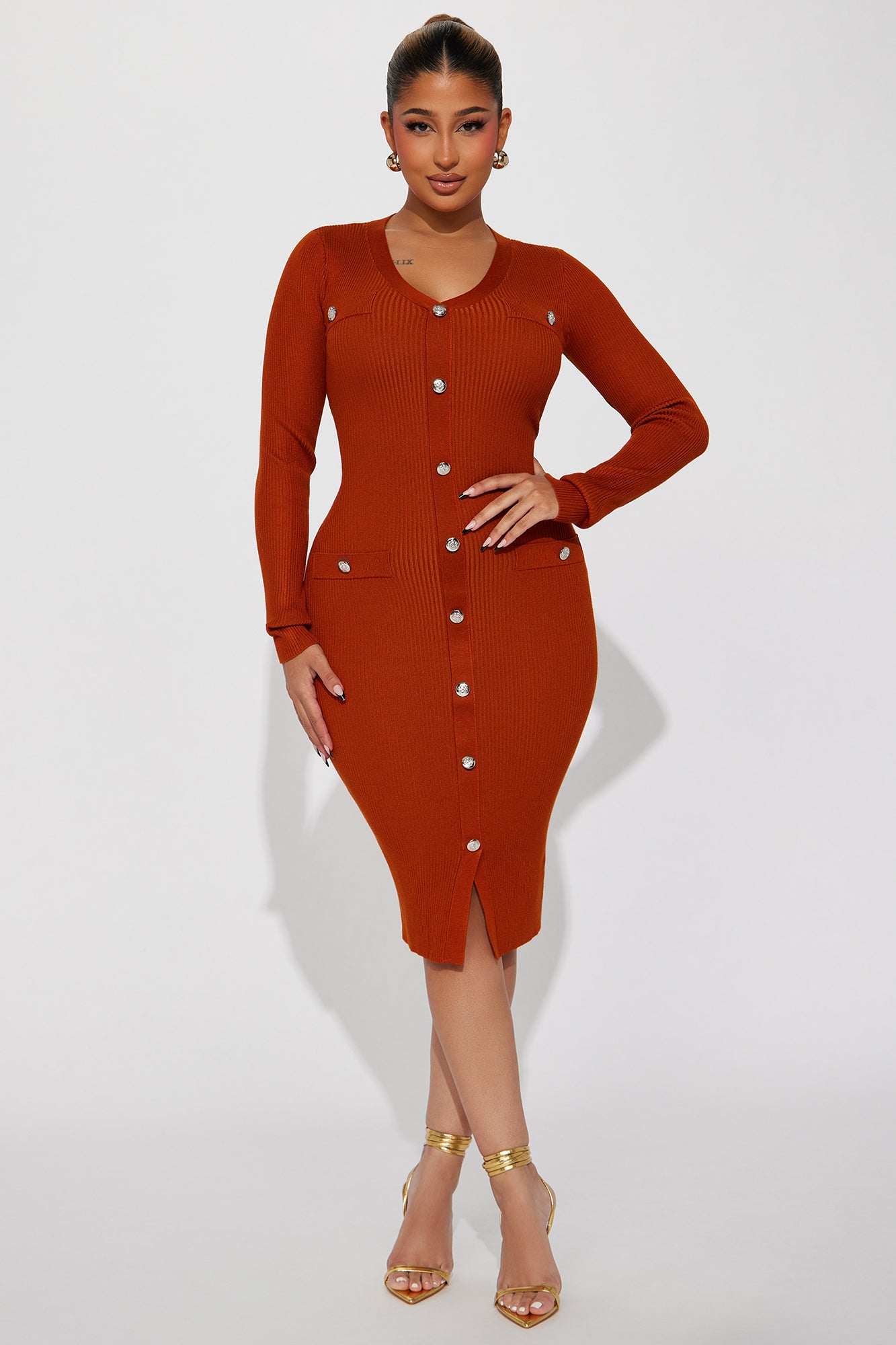 Image of Midnight Bliss Front Button Midi Dress - Rust