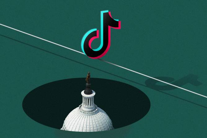 TikTok logo on a tightrope over US capitol