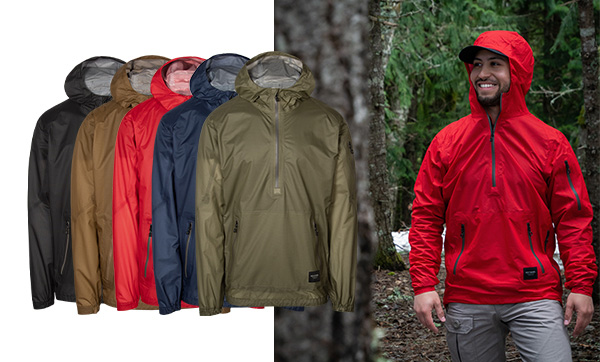 Man wearing the Yuba Ultralight L6 Rain Anorak Jacket. 