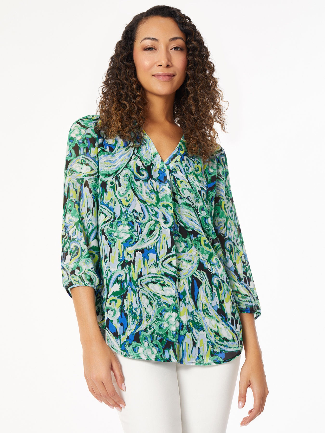 Image of Printed V-Neck Pleated Kelly Blouse