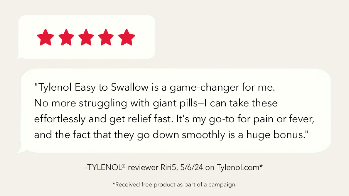 Five star use review from Tylenol.com