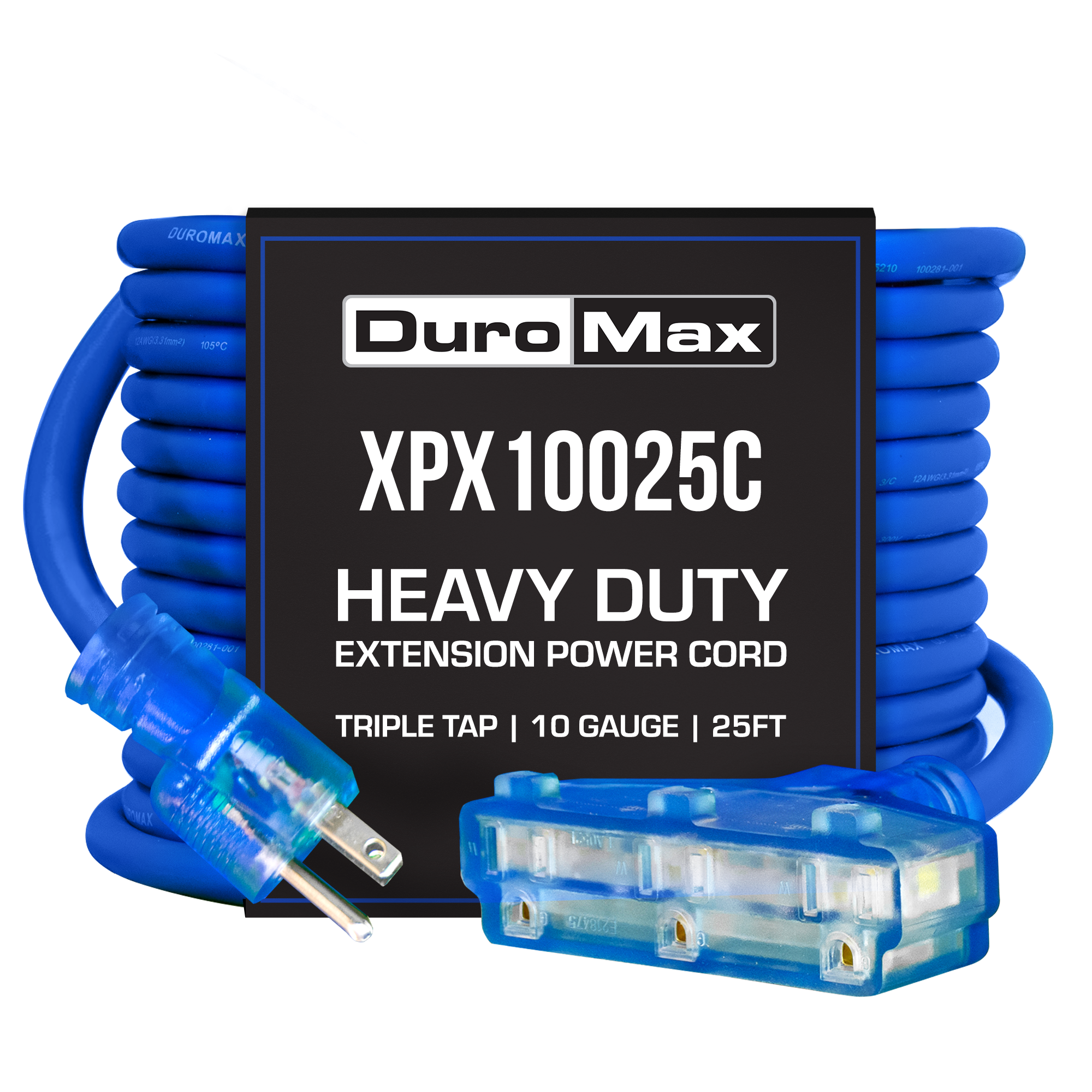 Image of DuroMax XPX10025C Heavy Duty SJEOOW 25-Foot 10 Gauge Blue Triple Tap Extension Power Cord