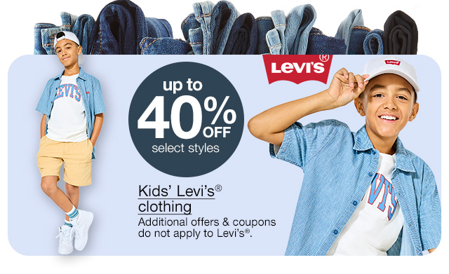 Up to 40% Off select styles. Kids' Levi's® clothing. Additional offers & coupons do not apply to Levi's®.