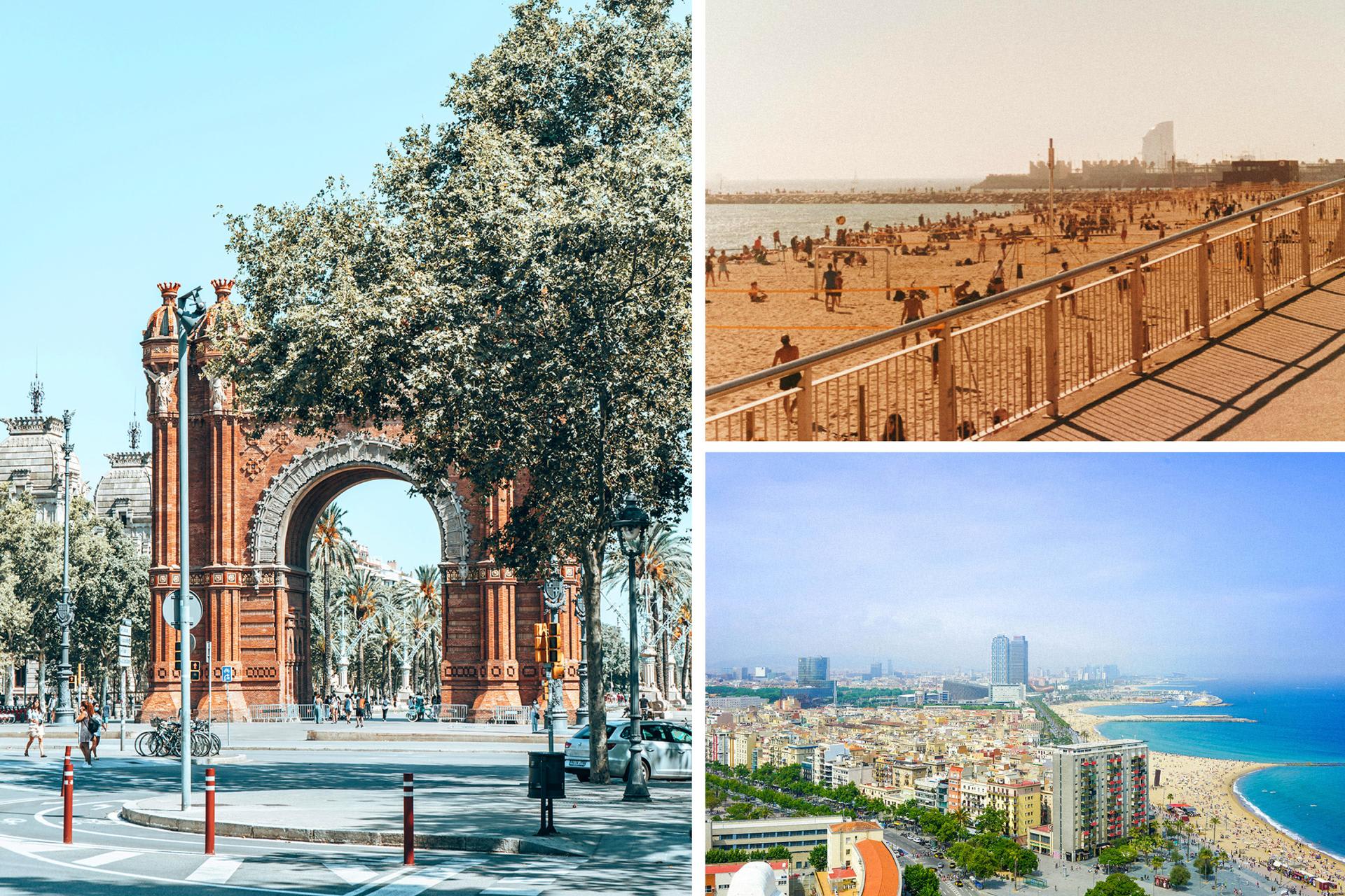 A photo collage showing beaches and landmarks in Barcelona, Spain