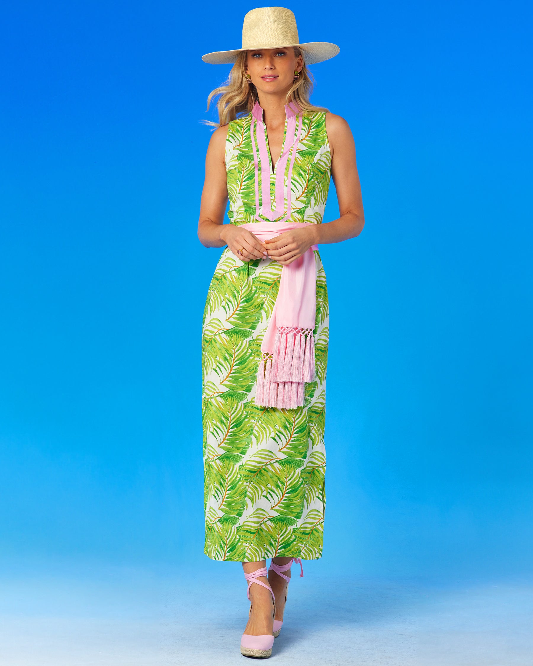 Image of Ashley Sleeveless Long Dress in Palm Print