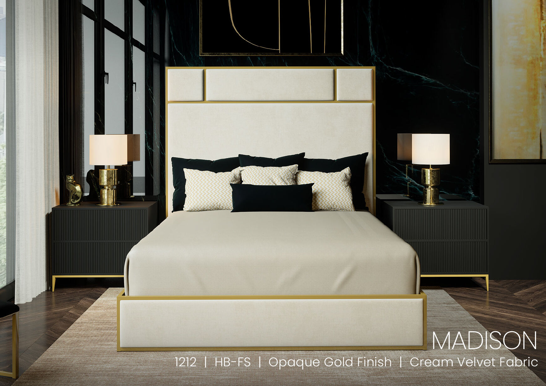 Wesley Allen Madison bed in Opaque Gold with Cream Velvet Fabric