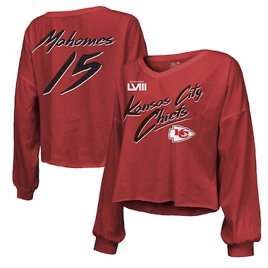  Majestic Threads Patrick Mahomes Red  Super Bowl LVIII Name & Number Script Off-Shoulder Cropped Long Sleeve T-Shirt