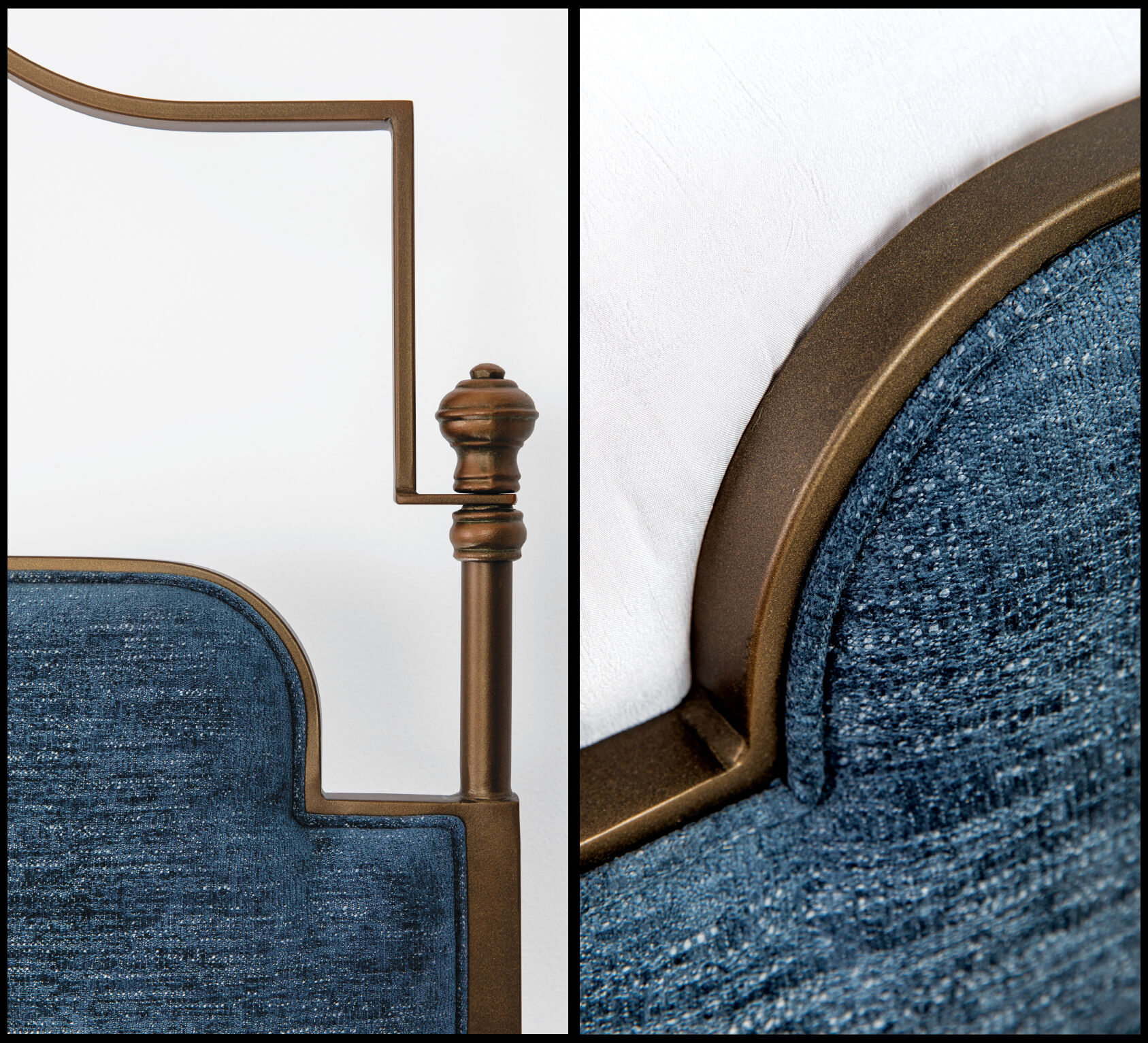 Close image of the upholstered headboard and foot board.