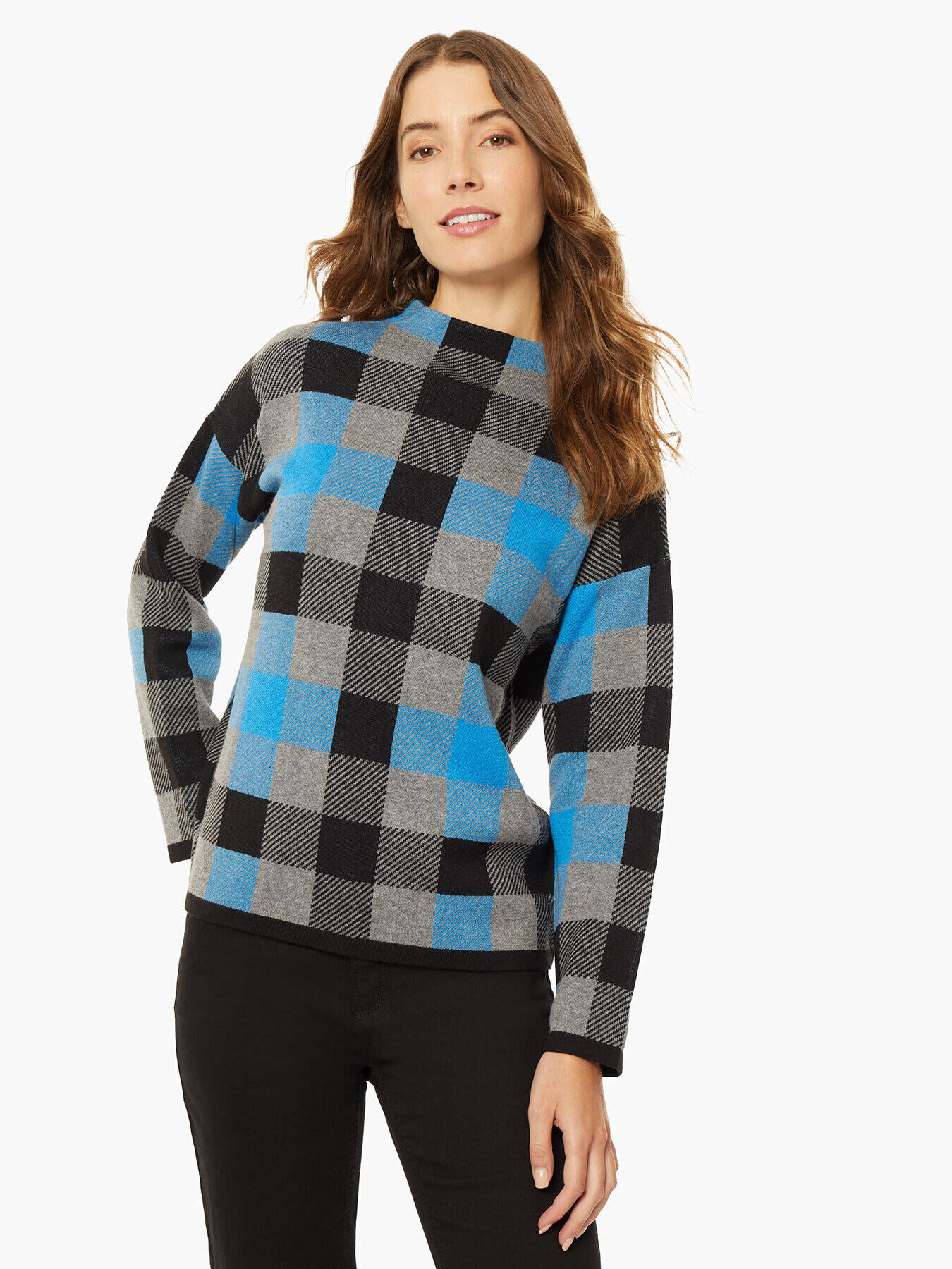 Image of Checked Mock Neck Jacquard Sweater