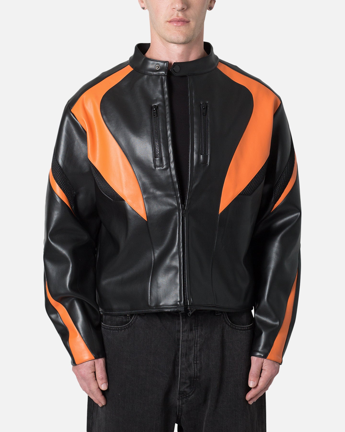 Image of MNML Cropped Leather Race Jacket Black/Orange