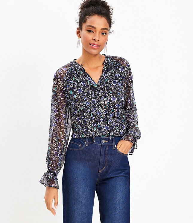 Shimmer Floral Ruffle Tie Neck Blouse