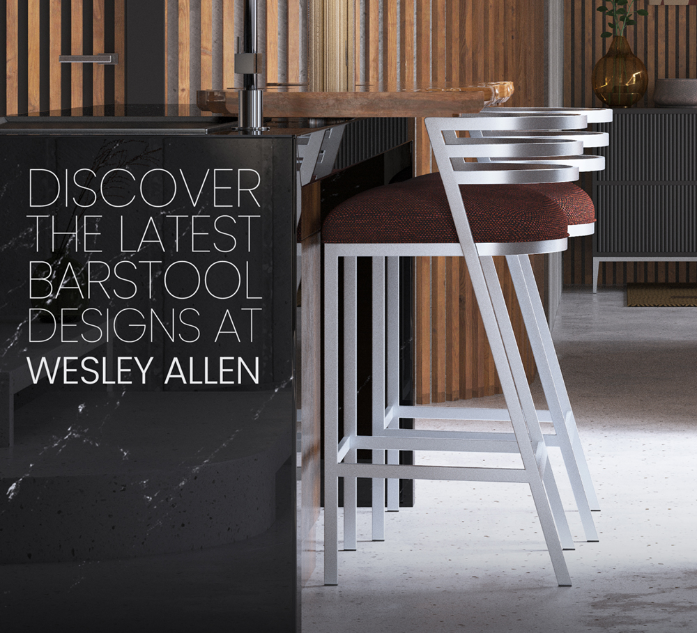 Discover the Latest Barstool Designs at Wesley Allen. Featuring the Arlos Barstool in Platinum Gray finish with Whitaker Brick Performance fabric.