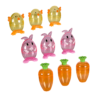 3 chick-shaped eggs, 3 bunny-shaped eggs, and 3 carrot-shaped eggs