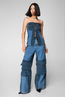 Denim Color Block Cargo Wide Leg Jeans