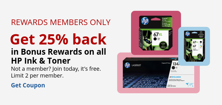 Rewards members get 25% back in rewards on all HP Ink & Toner