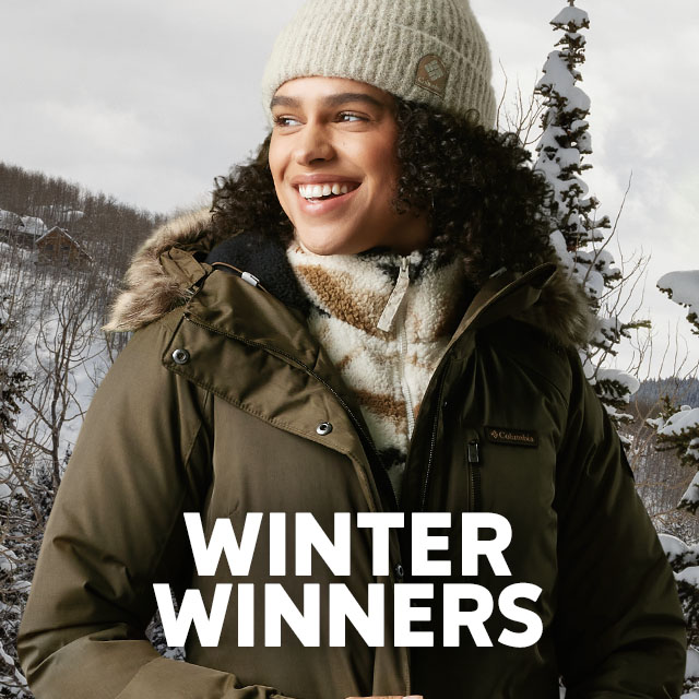 A woman in an insulated jacket with headline WINTER WINNERS.