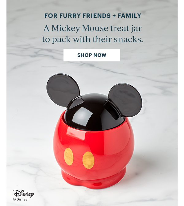 FOR FURRY FRIENDS + FAMILY  A Mickey Mouse treat jar to pack with their snacks.  [SHOP NOW]