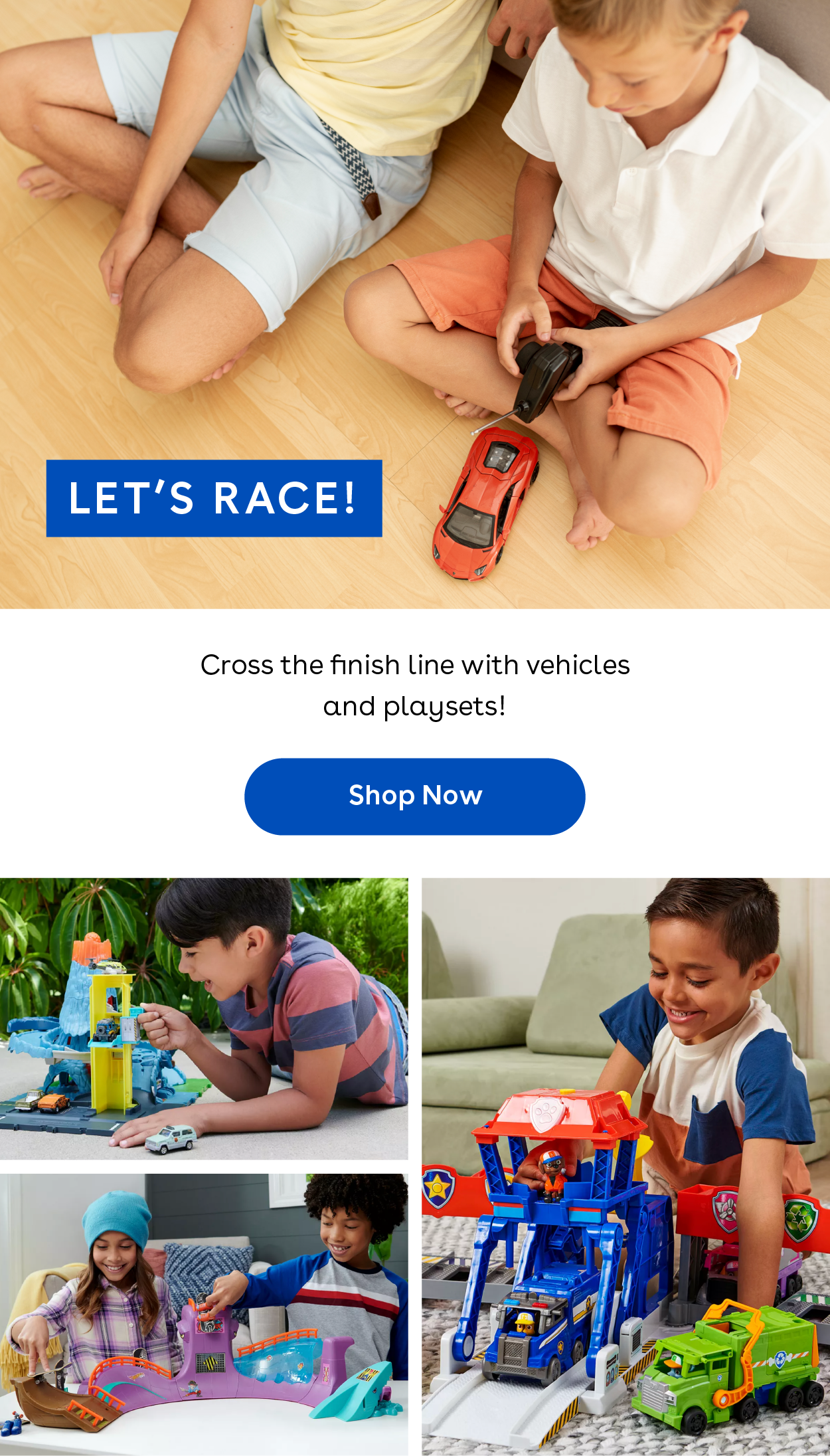 Let's Race! Cross the finish line with vehicles and playsets!