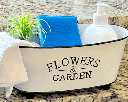 Blog idea: a farmhouse-style tub of cleaning supplies painted white with &#x22;flowers and garden&#x22; written on it