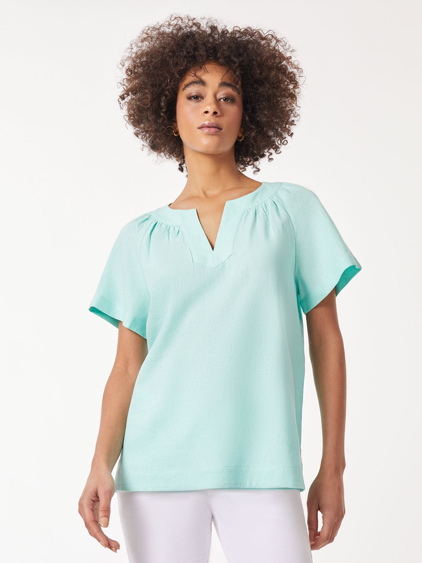 Image of Solid Linen Blend Popover Blouse