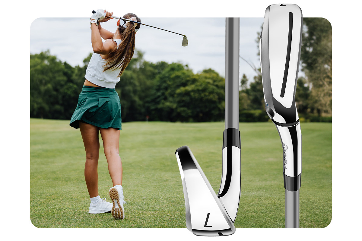 Female golfer swinging an iron on course, with two Kalea Gold 7 Irons int he foreground 