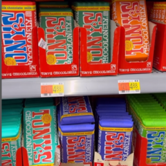 Rows of Tony's Chocolonely Fairtrade chocolate bars on-shelf and retailing for $4.88 each.