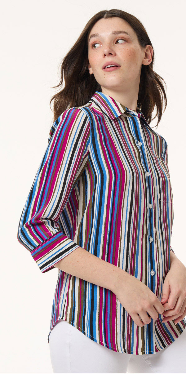 Striped Button Front Shirt, Crepe de Chine