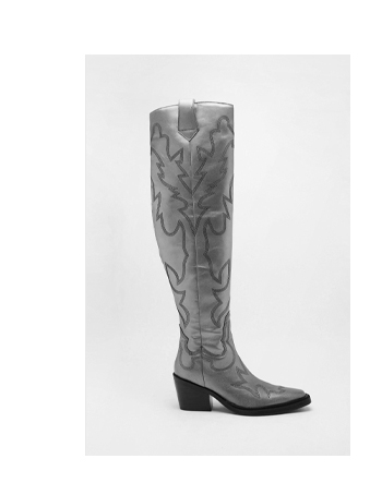 Real Leather Metallic Embroidered Over The Knee Cowboy Boots