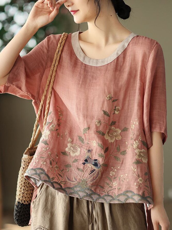 Crew Neck Short Sleeve Floral Regular Loose Blouse For Women