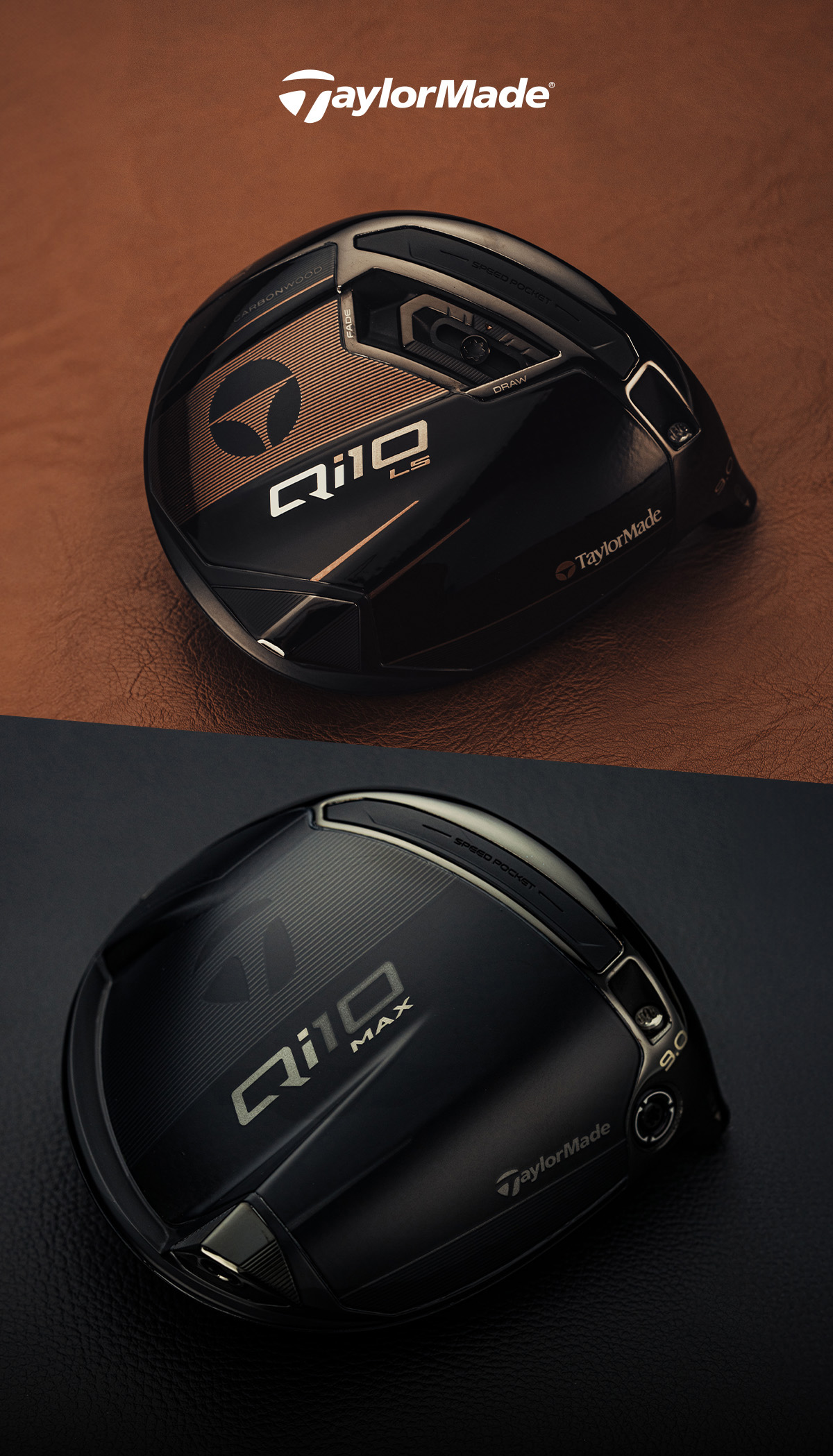 Qi10 Max Designer Series Blackout driver, photo showing bottom of club on a black leather background