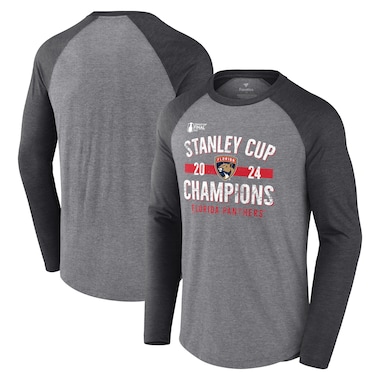  Fanatics  Heather Gray  2024 Stanley Cup Champions Throwback Tri-Blend Raglan Long Sleeve T-Shirt