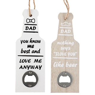 2 dad-themed bottle openers shaped like bottles with text on them