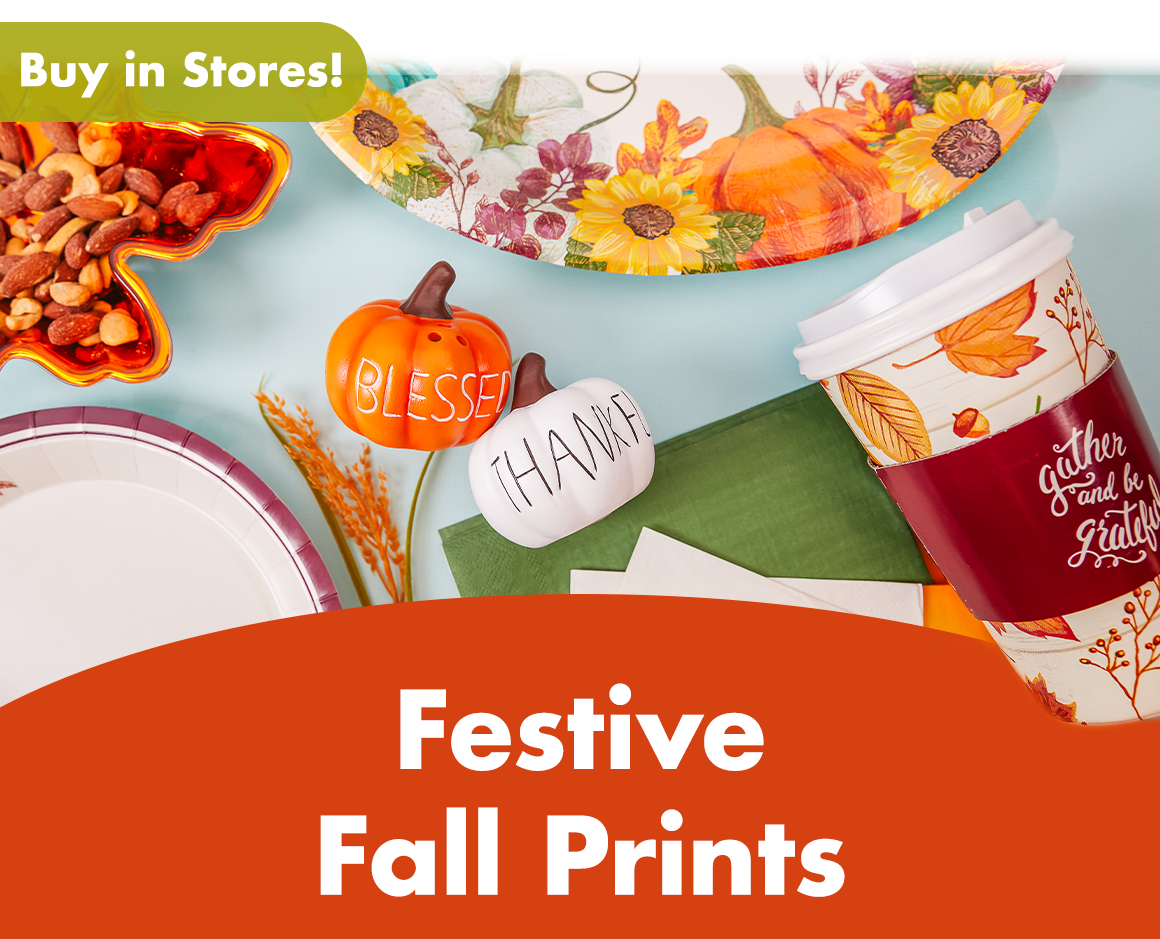 Fall-themed paper cups, plates, napkins, and accentdecorations