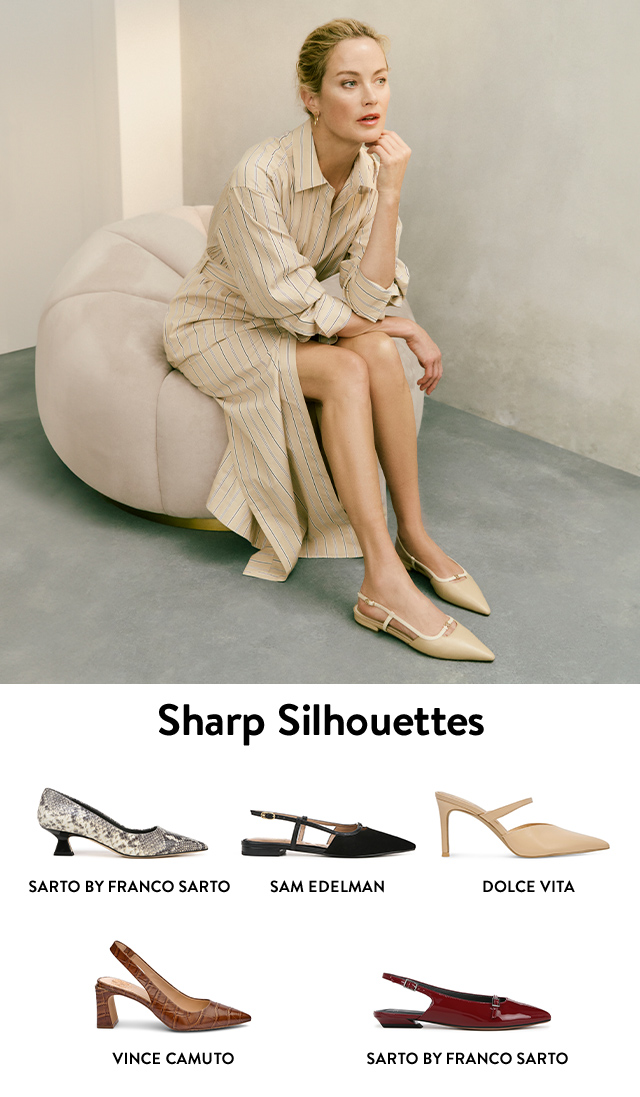 Woman wearing pointed-toe shoes. Six additional styles of pointed-toe shoes from SARTO by Franco Sarto, Sam Edelman, Dolce Vita and Vince Camuto.