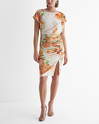 floral draped cap sleeve ruched midi sheath dress