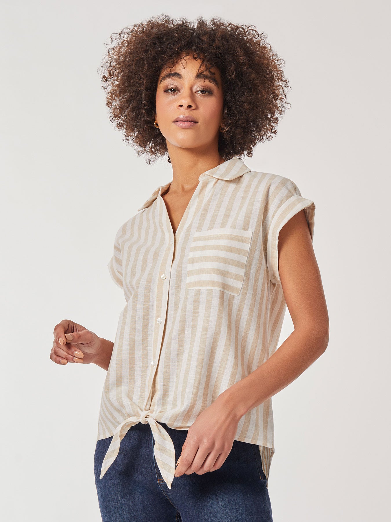 Image of Striped Tie-Front Button-Down Blouse