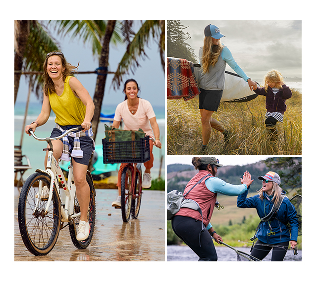 Women riding bikes, Mom holding hand with daughter, Women fishing together