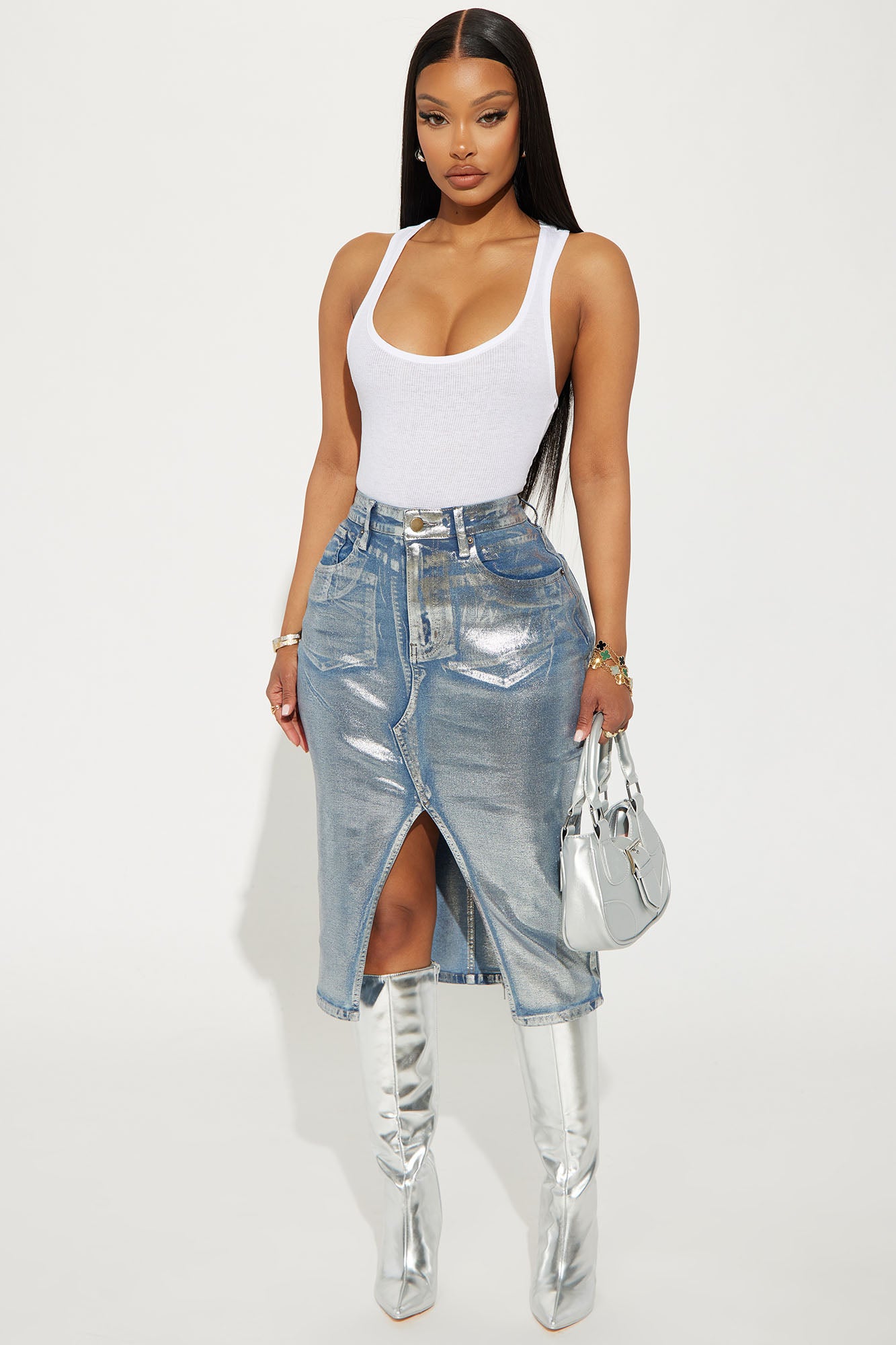 Image of Grounded Foil Denim Midi Skirt - Medium Wash