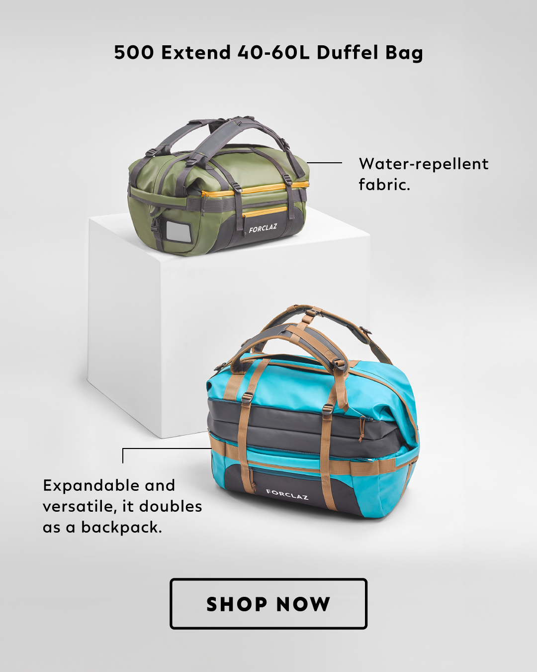 500 Extend 40-60L Duffel Bag. Water-repellent fabric, 2-in-1 duffel and backpack.