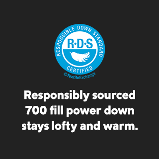 Responsibly sourced 700 fill power down stays lofty and warm.