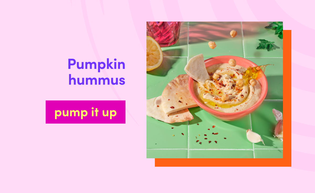 Pumpkin hummus dip with pita bread chips. pump it up