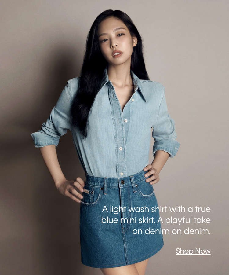 Light wash shirt with a true blue mini skirt