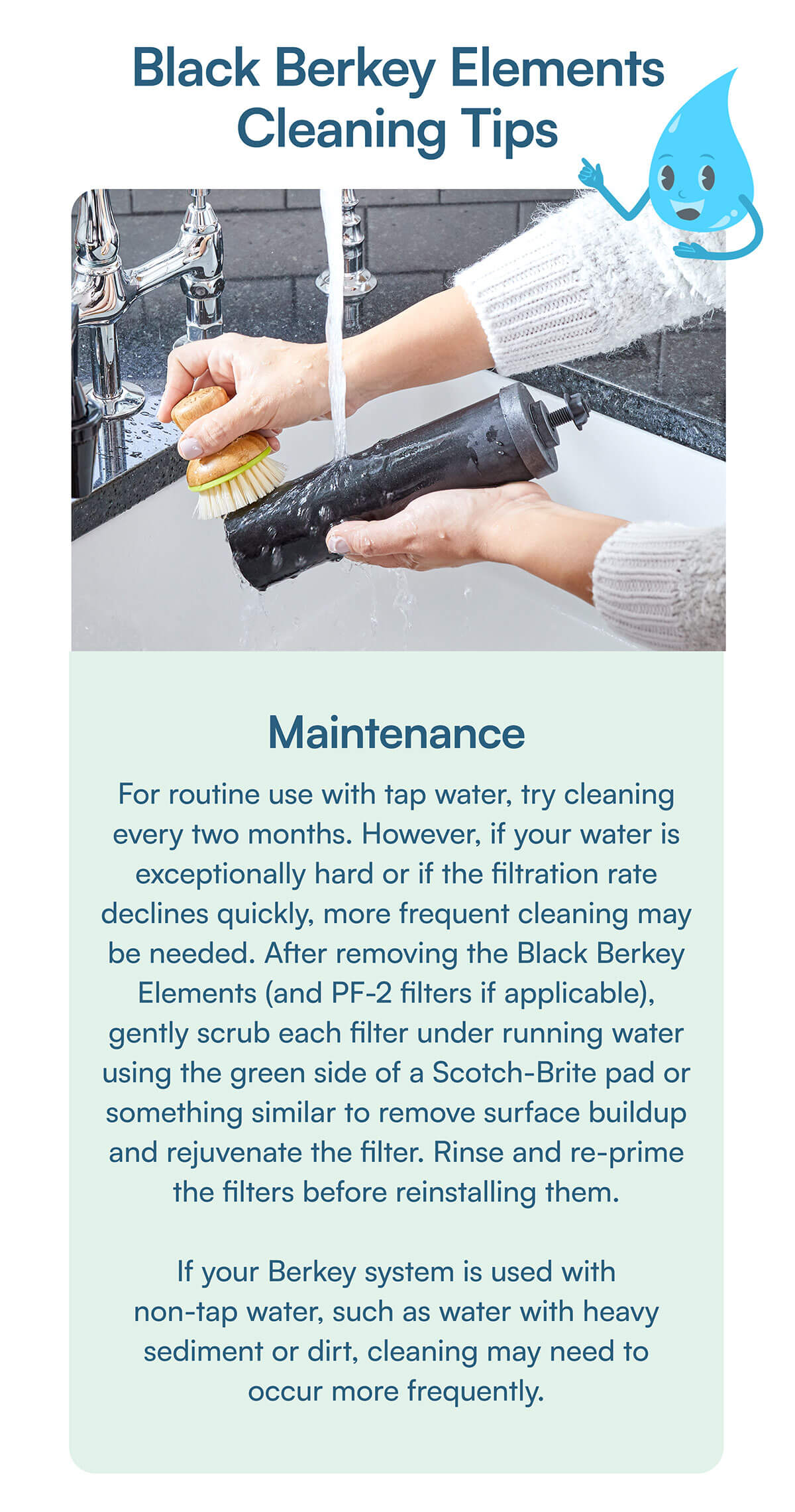 Black Berkey Elements Cleaning Tips: For routine use with tap water, try cleaning every two months. However, if your water is exceptionally hard or if the filtration rate declines quickly, more frequent cleaning may be needed. After removing the Black Berkey Elements (and PF-2 filters if applicable), gently scrub each filter under running water using the green side of a Scotch-Brite pad or something similar to remove surface buildup and rejuvenate the filter. Rinse and re-prime the filters before reinstalling them.