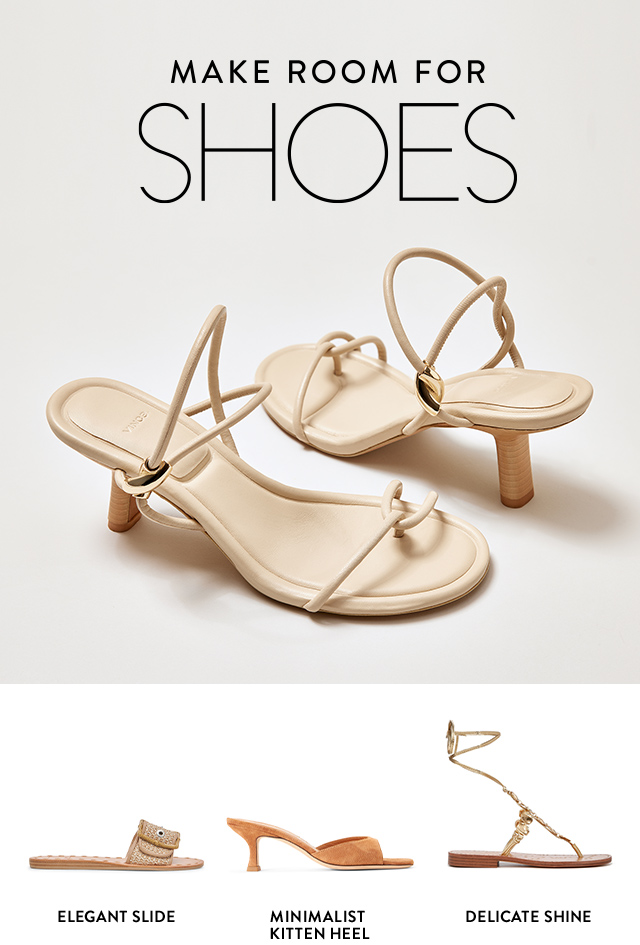 Strappy kitten-heel sandals. A raffia slide sandal. A tan suede sandal with a kitten heel. A strappy flat sandal with metallic accents.